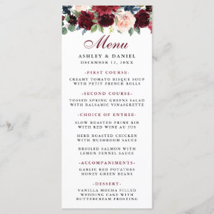 Aquarelle Burgundy Blue Floral Menu Mariage