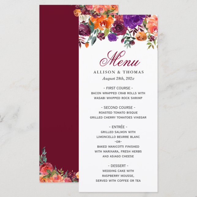 Aquarelle Burgundy Purple Floral Menu Mariage (Devant / Derrière)