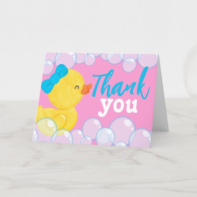 Aquarelle Caoutchouc Carte de remerciements plié r (Girl Pink Rubber Duck Folded Thank You Cards for Ducky Birthday or Duck Baby Shower)