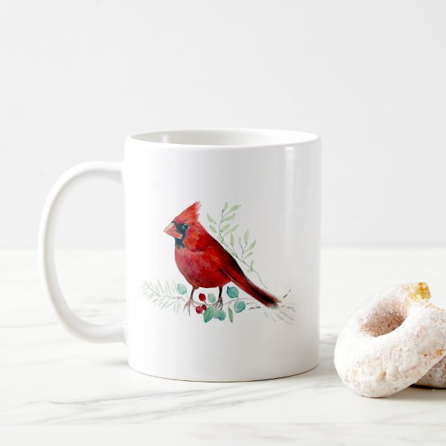 Aquarelle cardinale rouge Oiseau Art Café Mug (Red Cardinal Bird Watercolor Art Coffee Mug from Jenn's Emporium. )