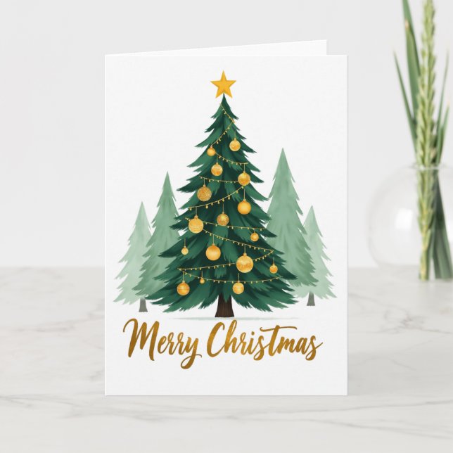 Aquarelle Carte Arbre de Noël Ornements or (Devant)