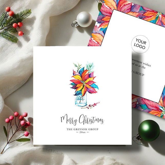 Aquarelle Carte de fin de année Vibrant Poinsettia (Business Christmas cards with logo watercolor poinsettia art by Victoria Grigaliunas Do Tell A Belle)