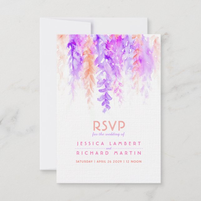Aquarelle cascade violet mariage orange RSVP (Devant)