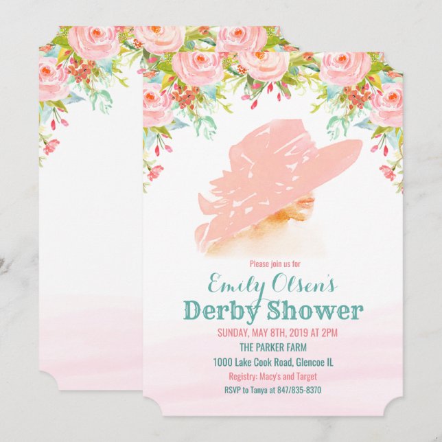 Aquarelle Casquette Floral Derby Douche Invitation (Devant / Derrière)