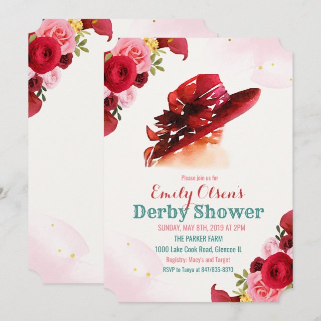 Aquarelle Casquette Floral Derby Douche Invitation (Devant / Derrière)