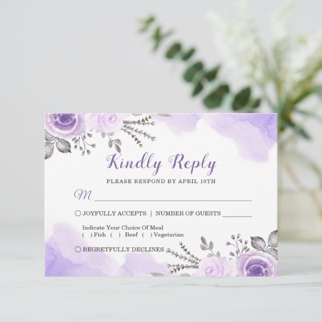 Aquarelle Chic Pastel Purple Mariage Floral RSVP (Debout devant)
