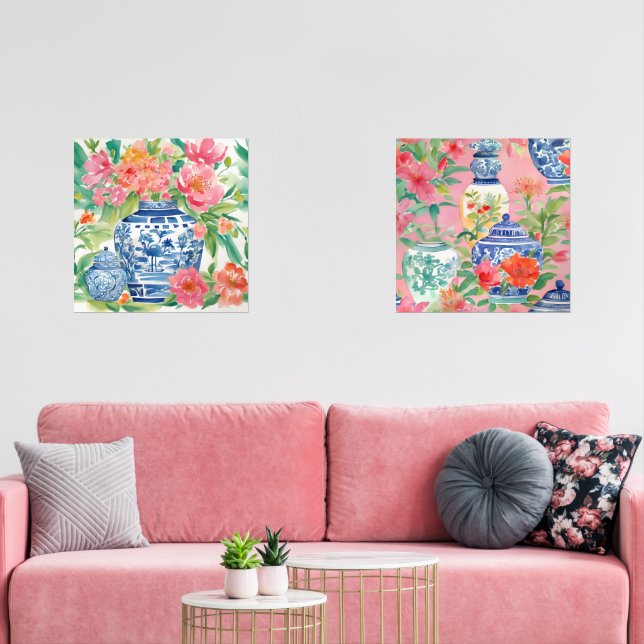 Aquarelle Chinoiserie Ginger Jars & Fleurs roses (Salon)
