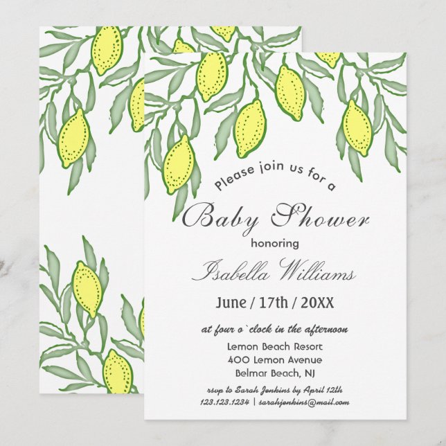 Aquarelle Citron Baby shower d'été Invitation (Devant / Derrière)