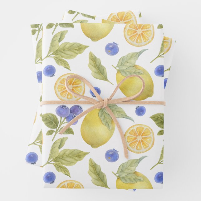 Aquarelle Citron et Fruit aux bleuets avec Feuille (En situation)