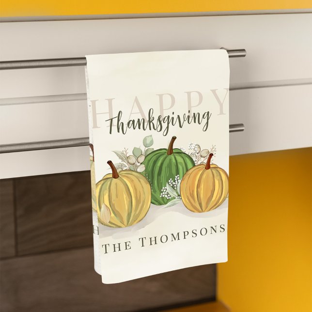 Aquarelle Citrouille simple Bon thanksgiving gourd (Happy Thanksgiving with watercolor gourds, personalized kitchen towel.)