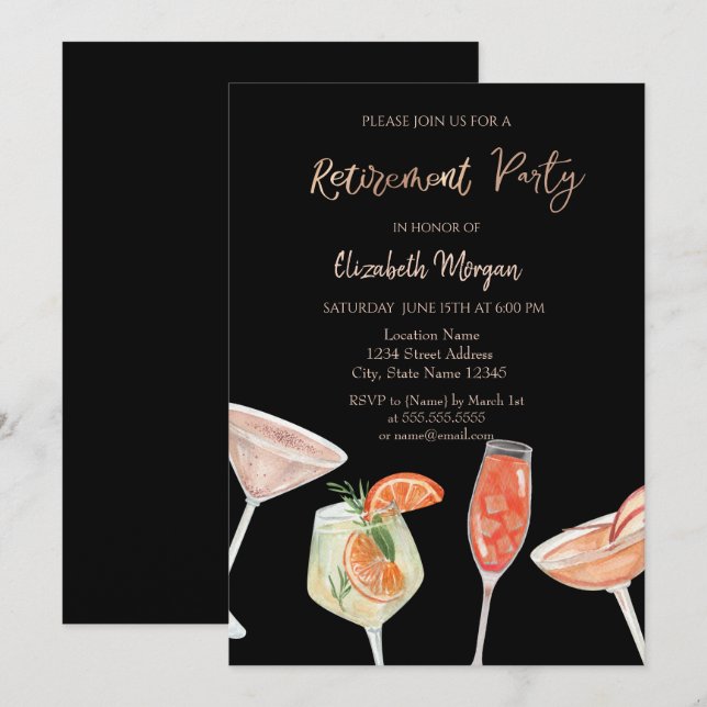 Aquarelle Cocktails Black Retirement Invitation (Devant / Derrière)