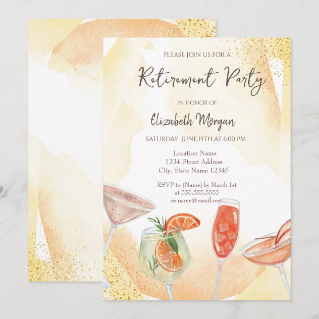 Aquarelle Cocktails Retraite Jaune Invitation (Devant / Derrière)