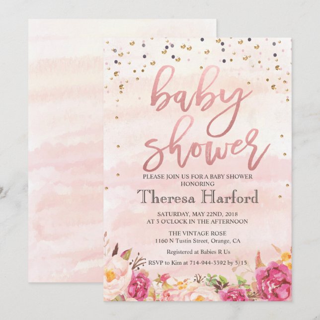 Aquarelle Confetti Baby shower Invitation (Devant / Derrière)