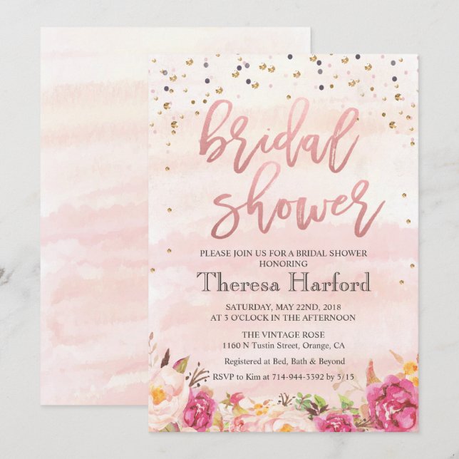 Aquarelle Confetti Invitation à la douche nuptiale (Devant / Derrière)
