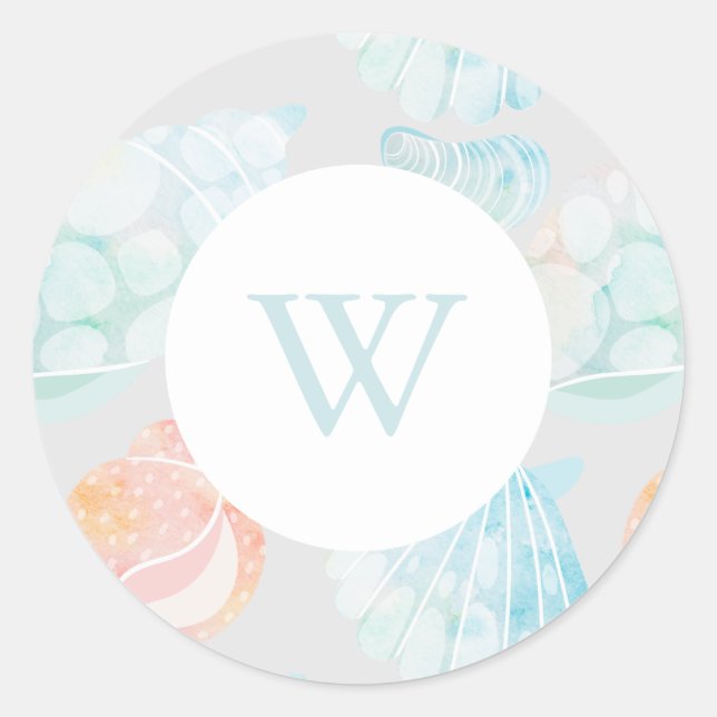 Aquarelle Coquille Monogramme Classic rond Sticker (Devant)