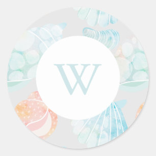 Aquarelle Coquille Monogramme Classic rond Sticker