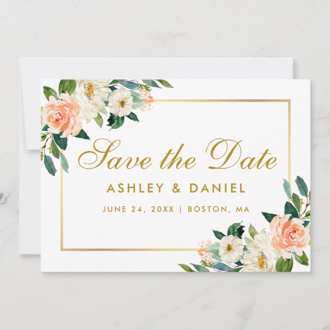 Aquarelle Coral Floral Enregistrer La Date Carte O (Devant)