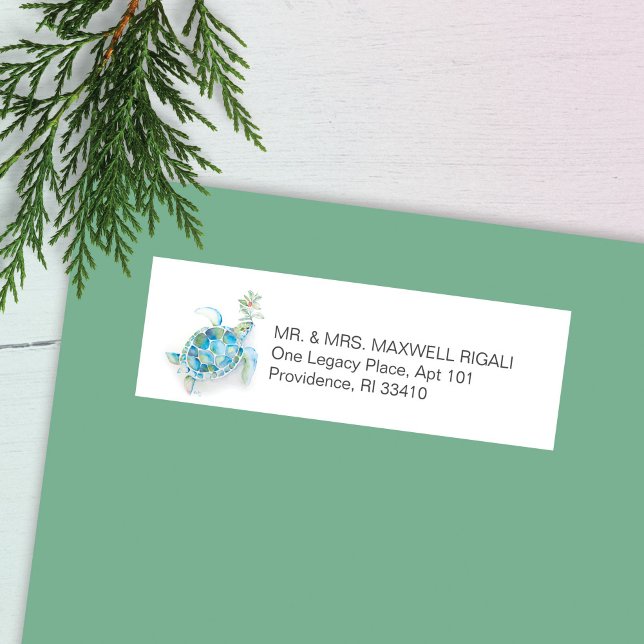 Aquarelle côtière Étiquettes de adresse de tortue  (Return address labels beach Christmas Watercolor sea turtle art by Victoria Grigaliunas)