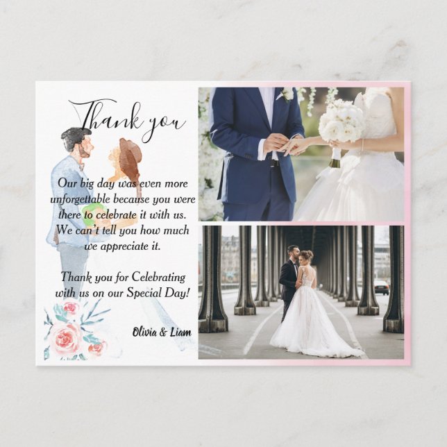 Aquarelle Couple avec Mariage Rose Carte Thankyou (Devant)