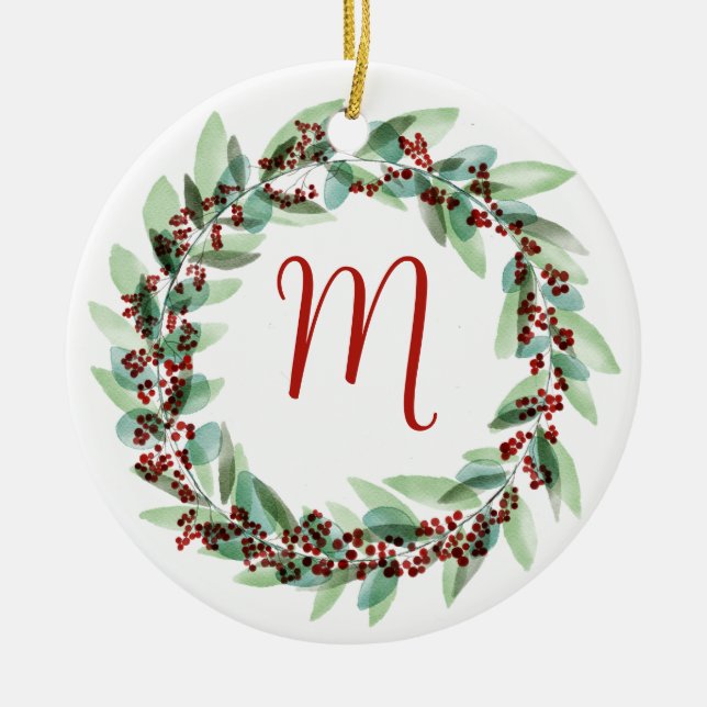Aquarelle couronne ornement en céramique de Noël (Devant)