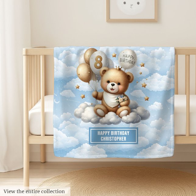 Aquarelle couverture de 8e anniversaire avec ours  (Watercolor 8th birthday blanket with teddy bear)