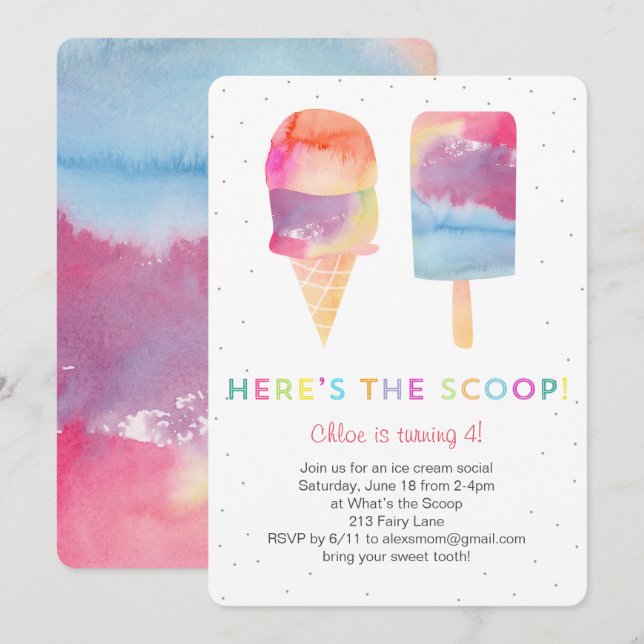 Aquarelle Crème glacée Anniversaire Invitation de  (Devant / Derrière)