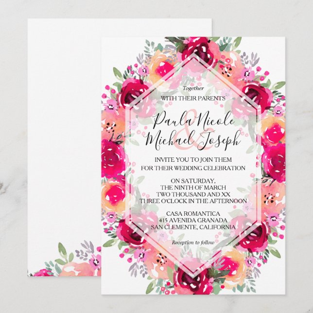 Aquarelle Crème rose Floral Invitations de mariage (Devant / Derrière)