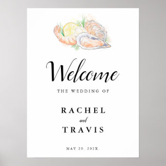 Aquarelle crevettes et huîtres Affiche de bienvenu