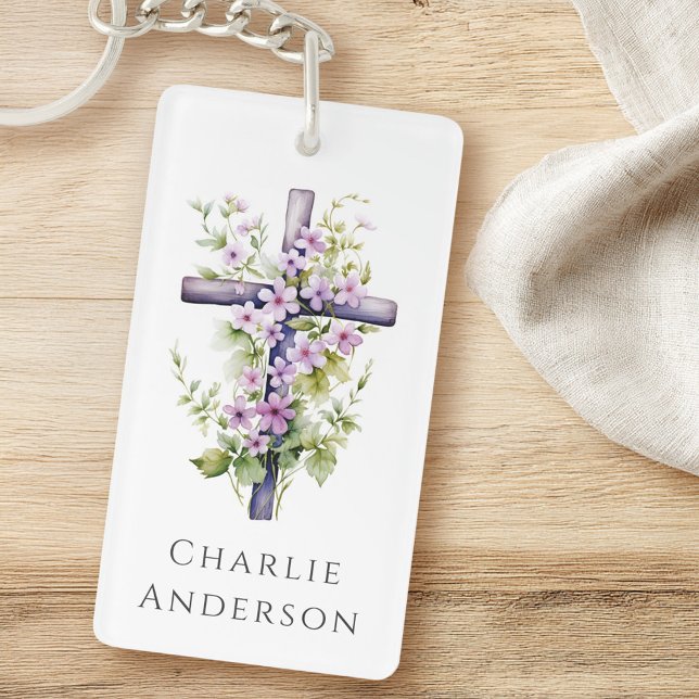 Aquarelle croisée violet nom ou texte de la fleur (Watercolor cross purple flower name or text keychain)