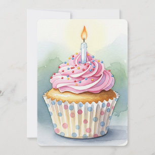 Aquarelle Cupcake rose Invitations d'anniversaire