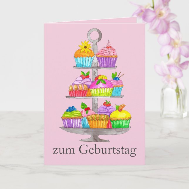 Aquarelle cupcakes allemand carte d'anniversaire (Orchidée)