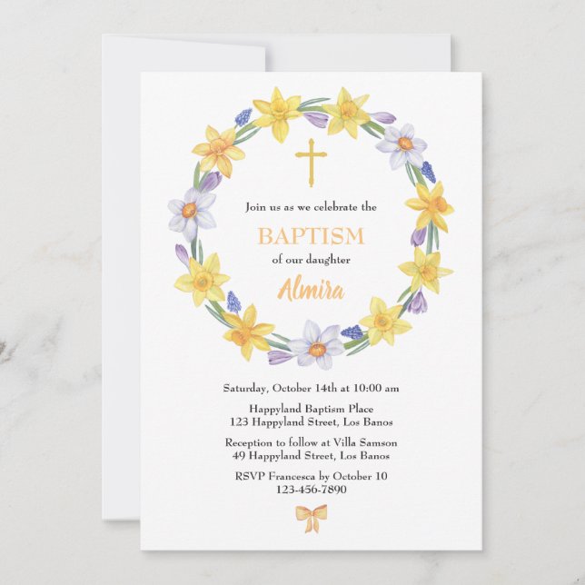 Aquarelle Daffodil Wreath Baptême Invitation (Devant)