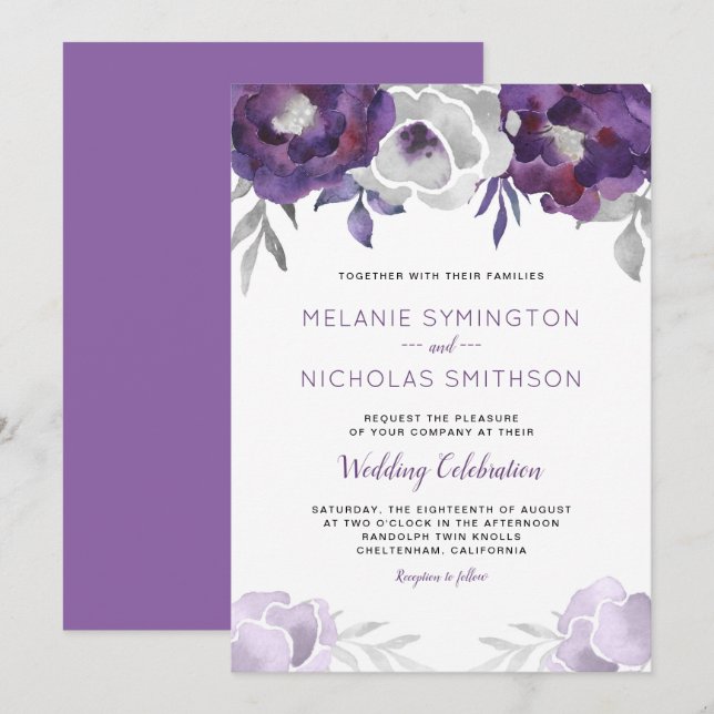 Aquarelle d'argent violet faire-part de mariage fl (Devant / Derrière)