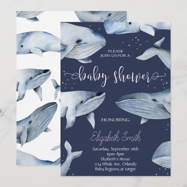 Aquarelle de baleine Baby shower noir Invitation (Devant / Derrière)