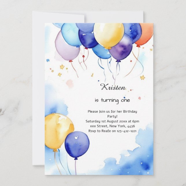 Aquarelle de ballon Invitation d'anniversaire (Devant)