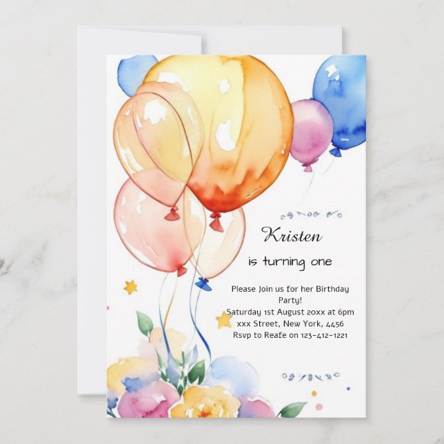 Aquarelle de ballon Invitation d'anniversaire (Devant)