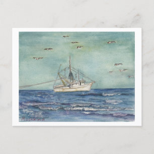 Aquarelle de bateau à crevettes. Carte postale.
