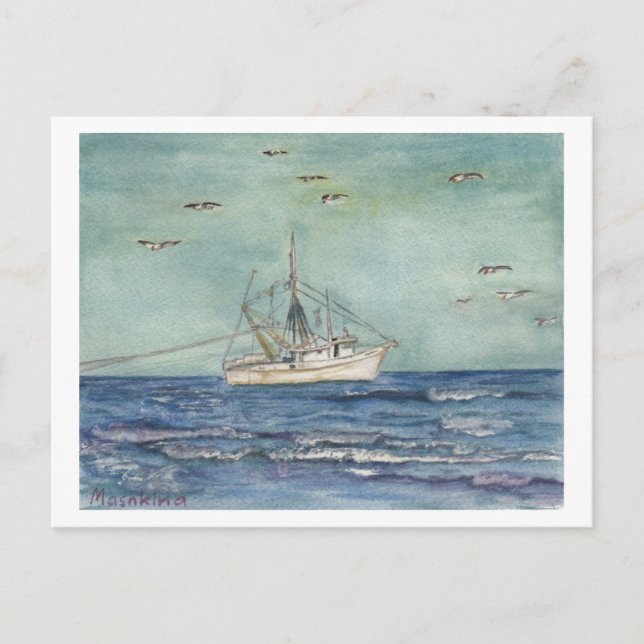 Aquarelle de bateau à crevettes. Carte postale. (Devant)