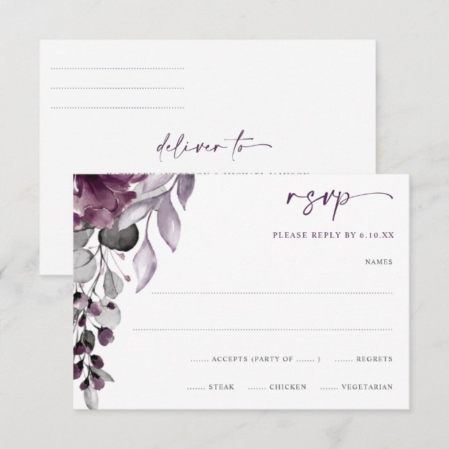 Aquarelle de Mariage de prune violette Folial RSVP (Devant / Derrière)