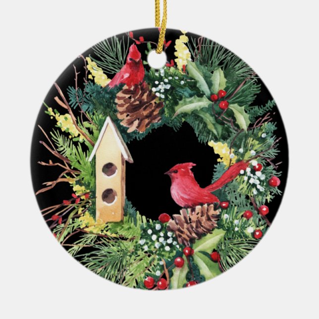 Aquarelle de Noël Wreath Ornement en céramique (Devant)
