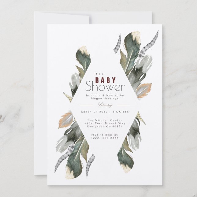 Aquarelle de plumes | Invitation Baby shower Boho (Devant)