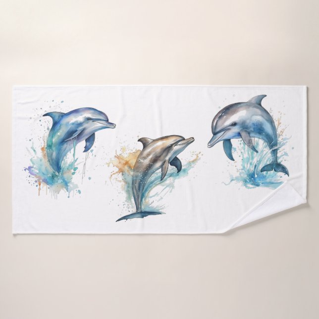 Aquarelle Dolphin Trio (Serviette de bain)