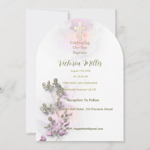 Aquarelle douce et Croix dorée invitation au baptê