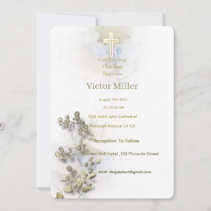 Aquarelle douce et Croix dorée invitation au baptê