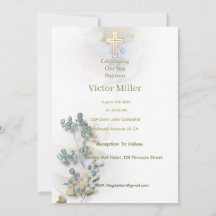 Aquarelle douce et Croix dorée invitation au baptê