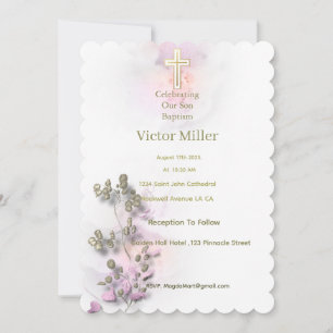 Aquarelle douce et Croix dorée invitation au baptê