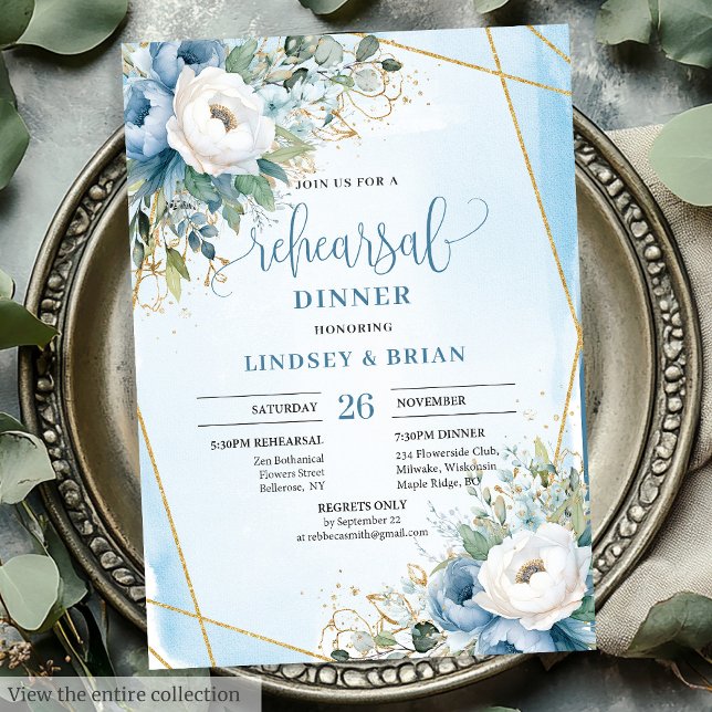 Aquarelle Dusty Blue Floral Gold Invitation (Watercolor Dusty Blue Floral Gold Rehearsal Invite

)