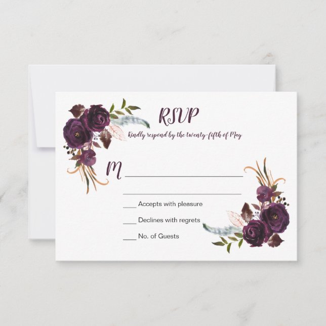 Aquarelle Eggplant violet Roses Floral Boho RSVP (Devant)