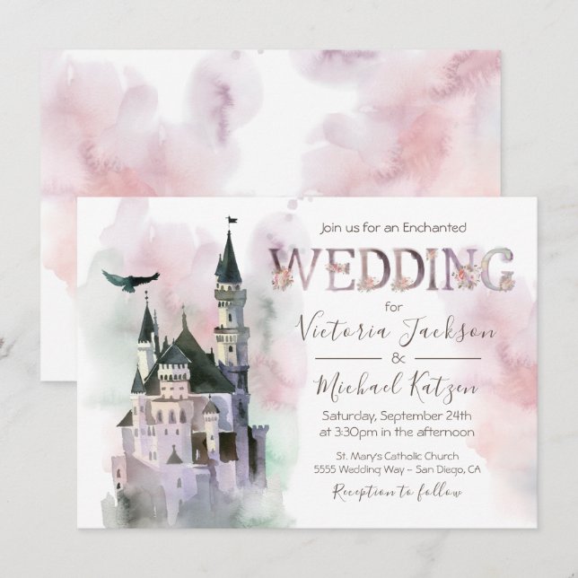 Aquarelle Enchanted Castle Faire-part de mariage (Devant / Derrière)