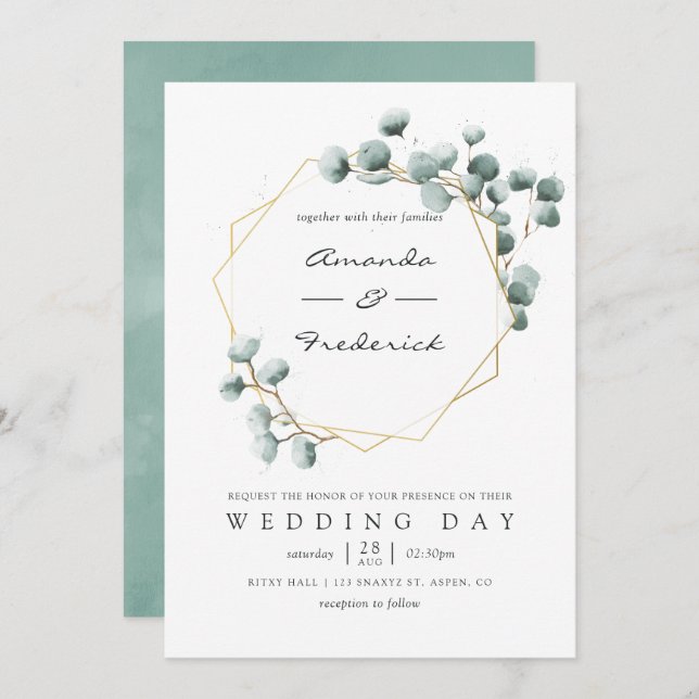 Aquarelle Eucalyptus Faire-part de mariage géométr (Devant / Derrière)